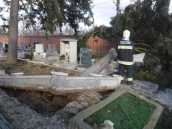 Temetőben kidőlt, sírokat megrongáló fát távolítanak el a tűzoltók
