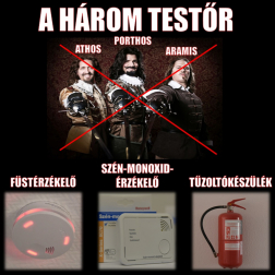Figyelemfelhívó ábra, amelyen a három testőr szerepében a füstérzékelő, a szén-monoxid-érzékelő, valamint a tűzoltó készülék
