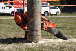 A döntés versenyszámot teljesítő favágó a fa törzsén ejt vágást